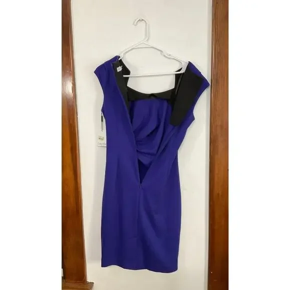 NWT Calvin Klein Blue Byzantine Side Ruched Cap Sleeve Sheath Dress Size 6 Small - Picture 3 of 7